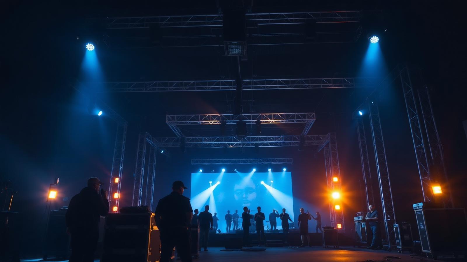 Technical crew rigging trusses and lighting on a concert stage during load-in